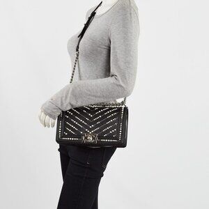 Chanel Black Calfskin Leather and Faux Pearl Medium Boy Bag